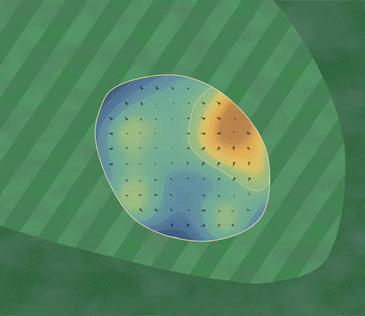 Green contour map of Golf de marmande in Marmande, France — 86 elevation contours at a 8-centimeter interval with fall-line arrows, traced from 1-meter lidar