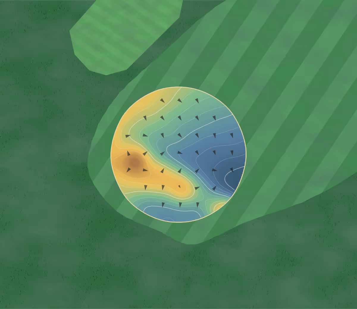 Green contour map of Golf de Mesquer in Mesquer, France — 68 elevation contours at a 8-centimeter interval with fall-line arrows, traced from 1-meter lidar