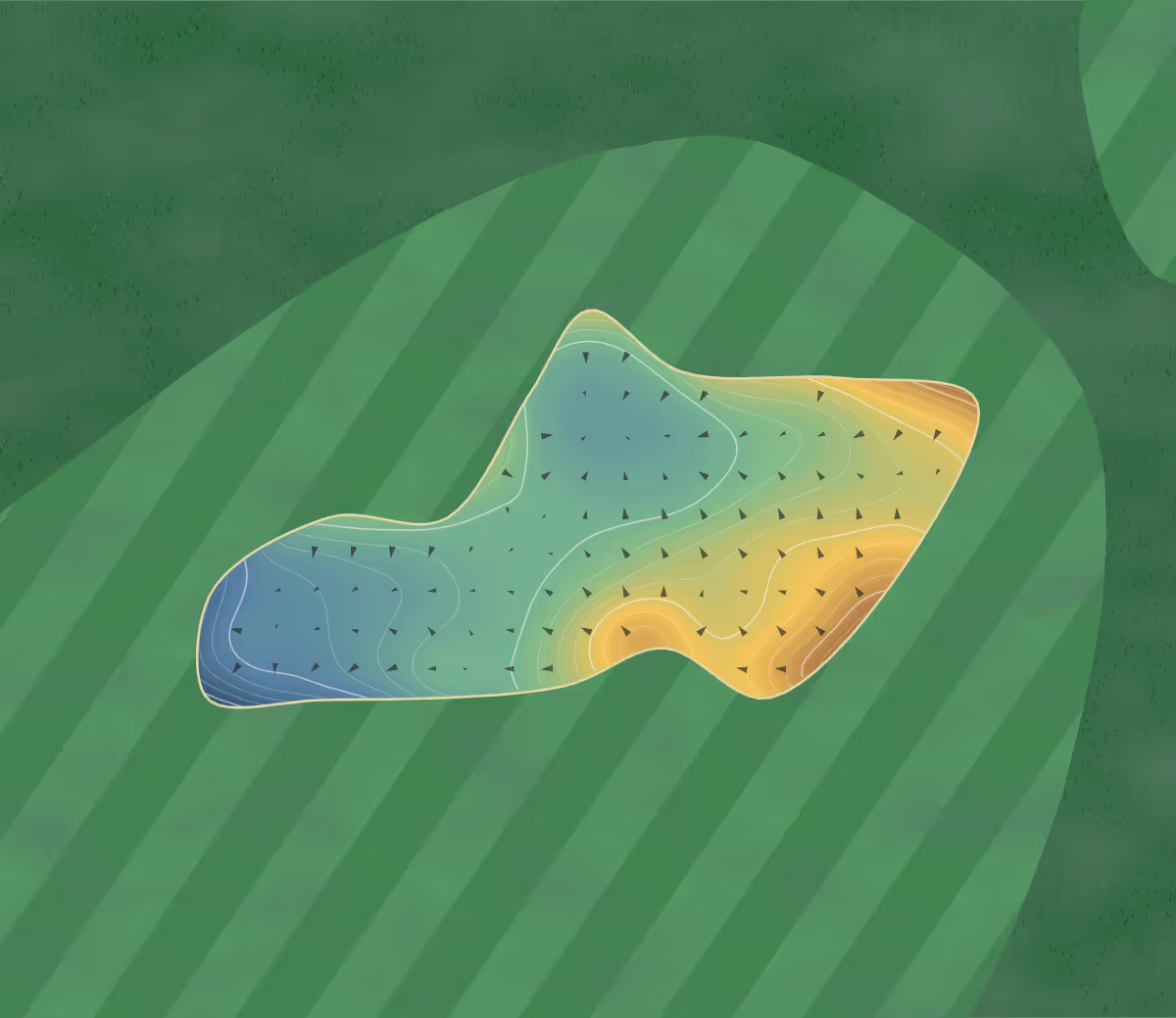 Green contour map of Golf de Moliets in Moliets-et-Maa, France — 220 elevation contours at a 8-centimeter interval with fall-line arrows, traced from 1-meter lidar