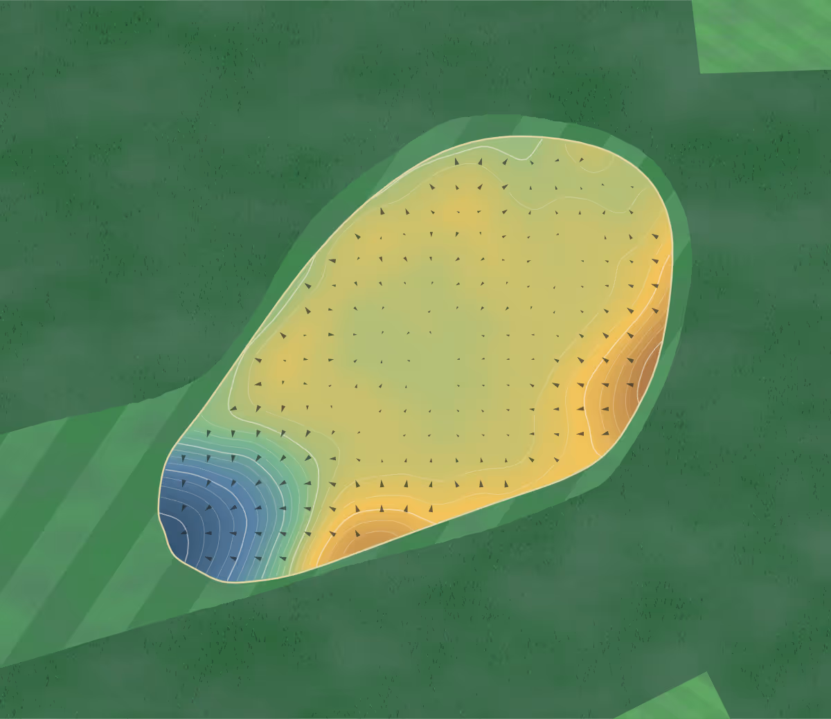 Green contour map of Golf de Morfontaine in Mortefontaine, France — 231 elevation contours at a 8-centimeter interval with fall-line arrows, traced from 1-meter lidar