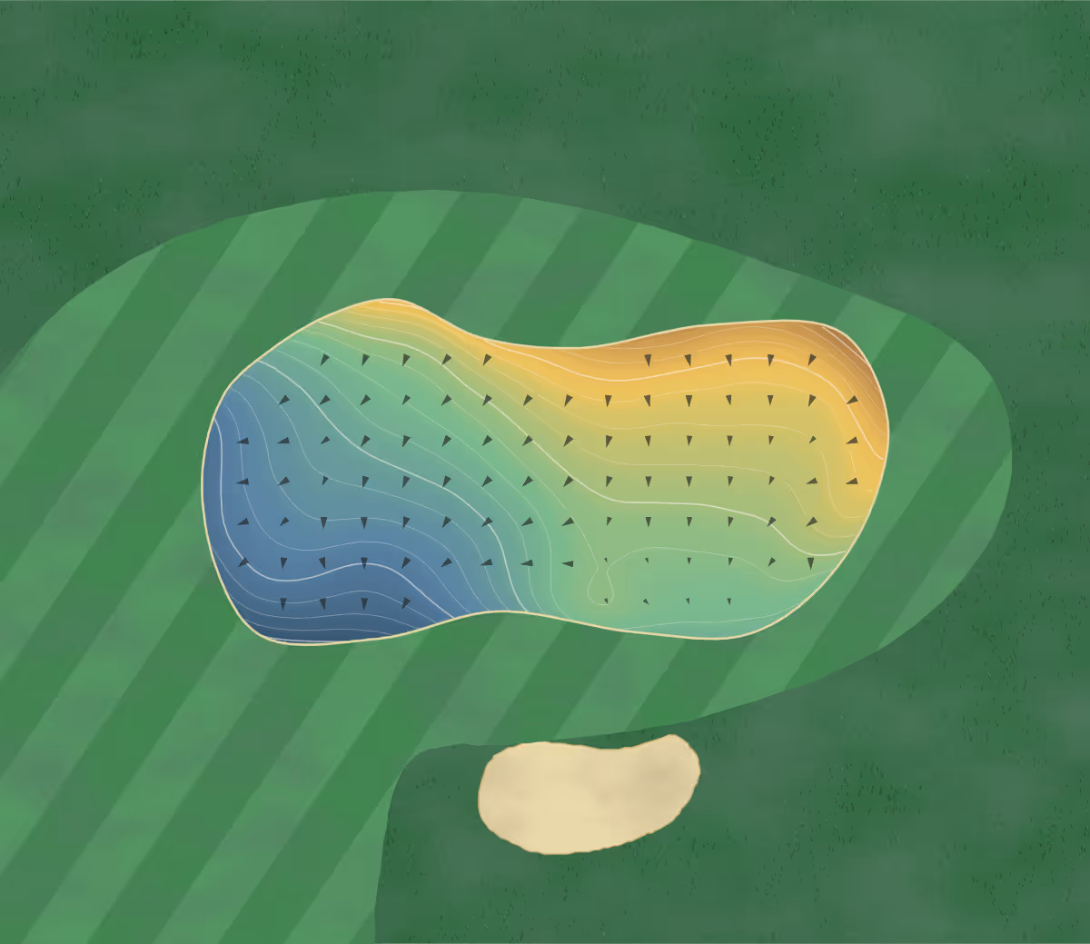 Green contour map of Nîmes Vacquerolles in Nîmes, France — 259 elevation contours at a 8-centimeter interval with fall-line arrows, traced from 1-meter lidar