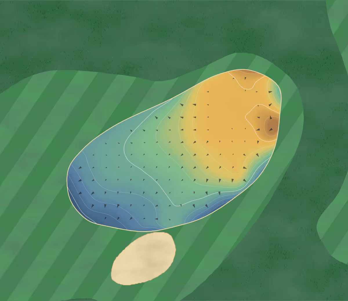 Green contour map of Golf de Nantes in Vigneux-de-Bretagne, France — 125 elevation contours at a 8-centimeter interval with fall-line arrows, traced from 1-meter lidar