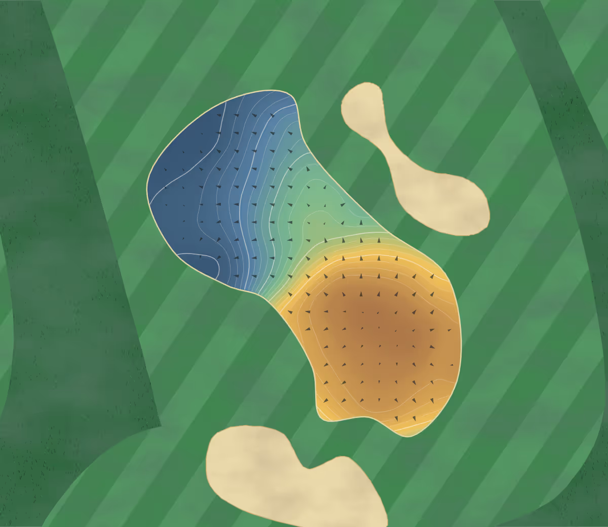 Green contour map of Pau-Artiguelouve in Artiguelouve, France — 146 elevation contours at a 8-centimeter interval with fall-line arrows, traced from 1-meter lidar