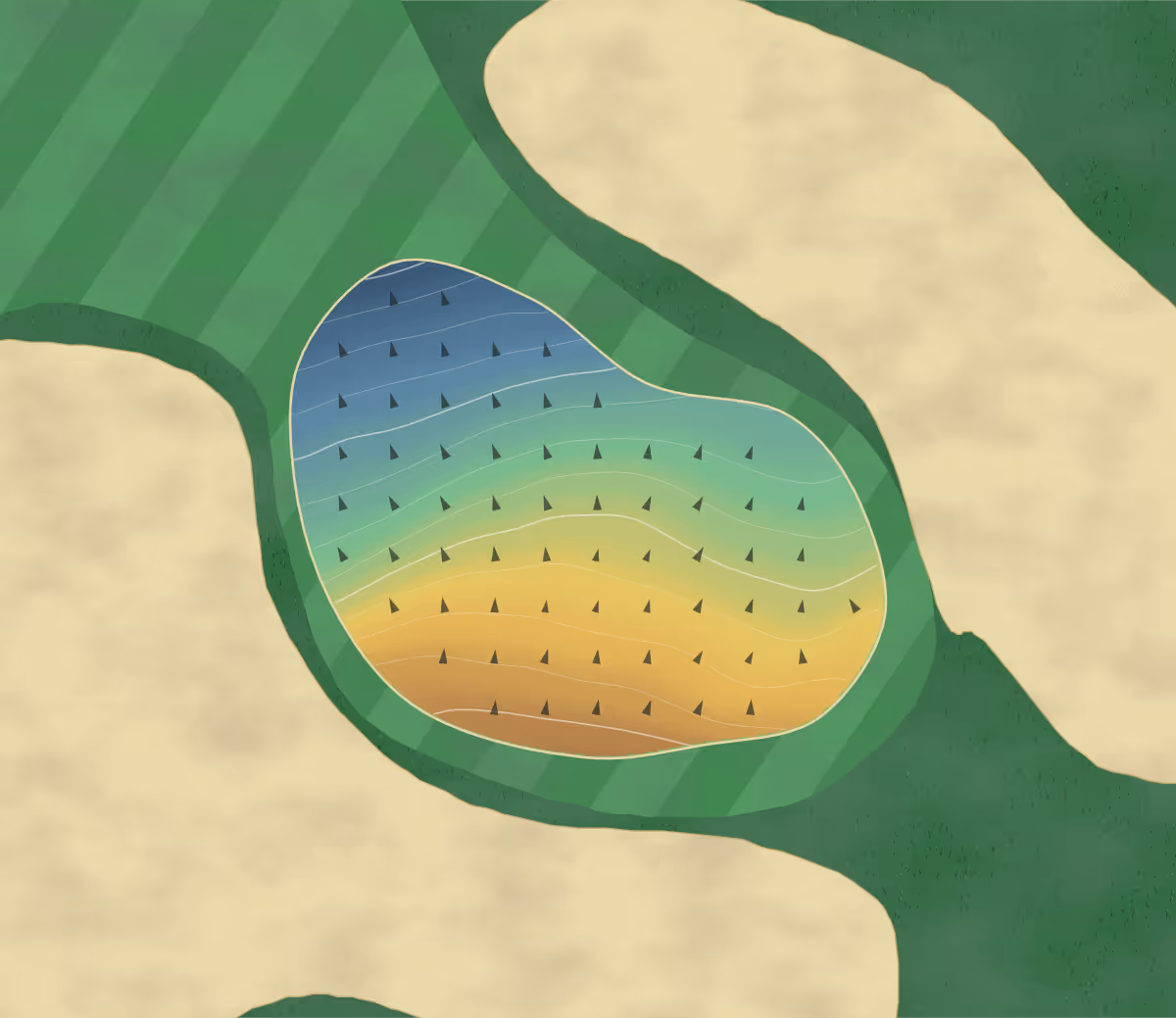 Green contour map of Golf de Prunevelle in Dampierre-sur-le-Doubs, France — 28 elevation contours at a 8-centimeter interval with fall-line arrows, traced from 1-meter lidar