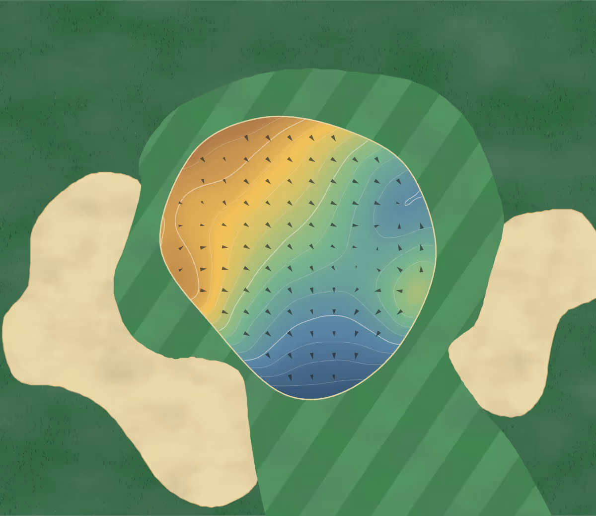 Green contour map of Golf de Rebetz in Chaumont-en-Vexin, France — 14 elevation contours at a 8-centimeter interval with fall-line arrows, traced from 1-meter lidar