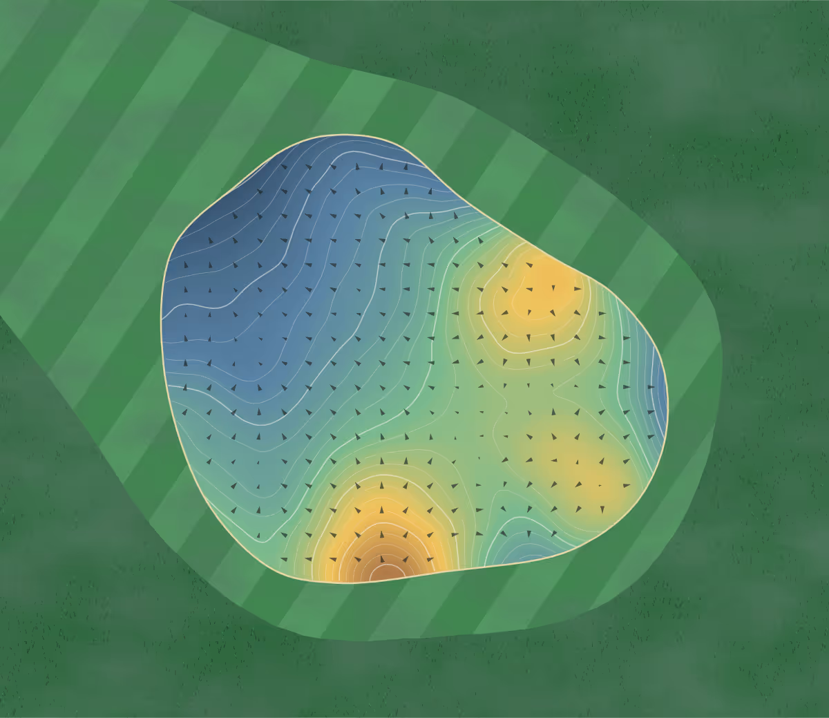 Green contour map of Golf de Roissy in Roissy-en-France, France — 370 elevation contours at a 8-centimeter interval with fall-line arrows, traced from 1-meter lidar