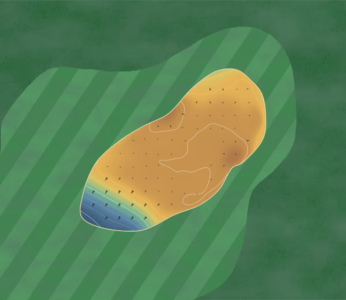 Green contour map of Golf de Saint-Cloud in Garches, France — 69 elevation contours at a 8-centimeter interval with fall-line arrows, traced from 1-meter lidar