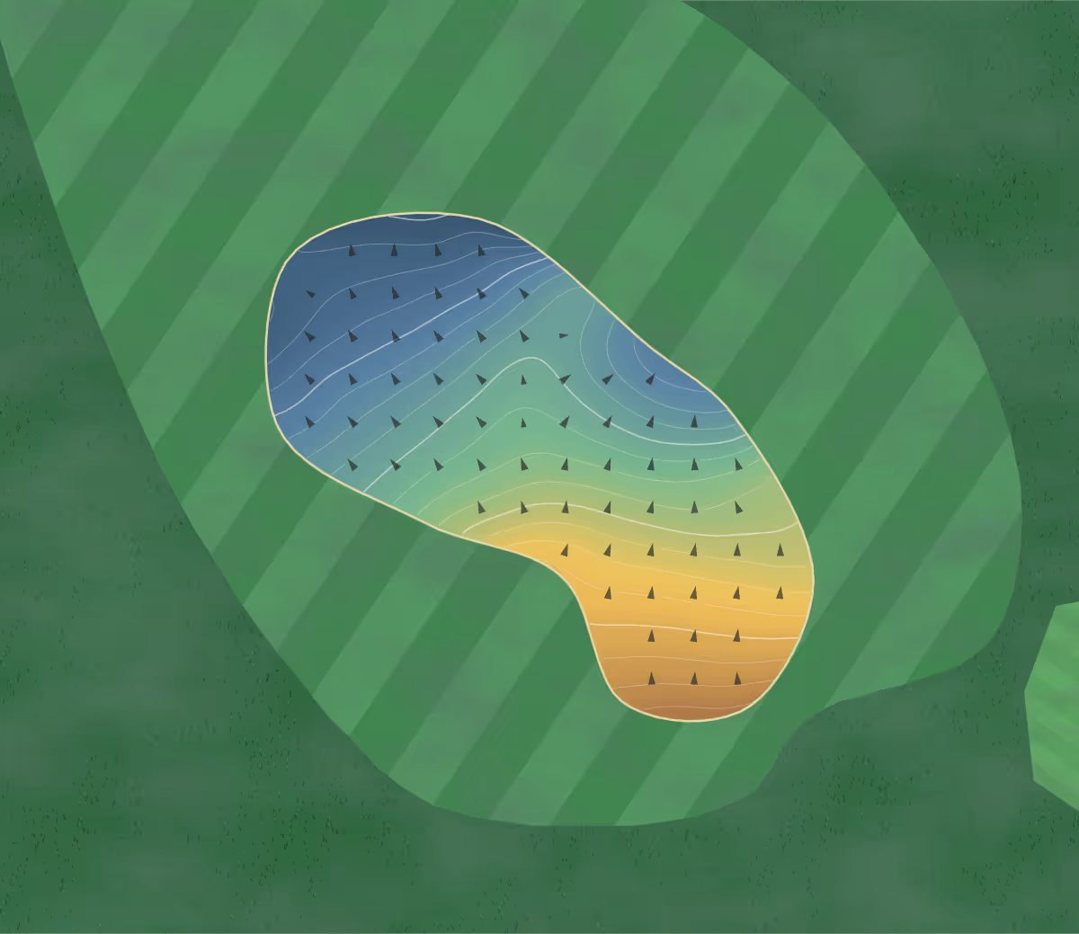 Green contour map of Golf de Saint-Étienne in Saint-Étienne, France — 210 elevation contours at a 8-centimeter interval with fall-line arrows, traced from 1-meter lidar