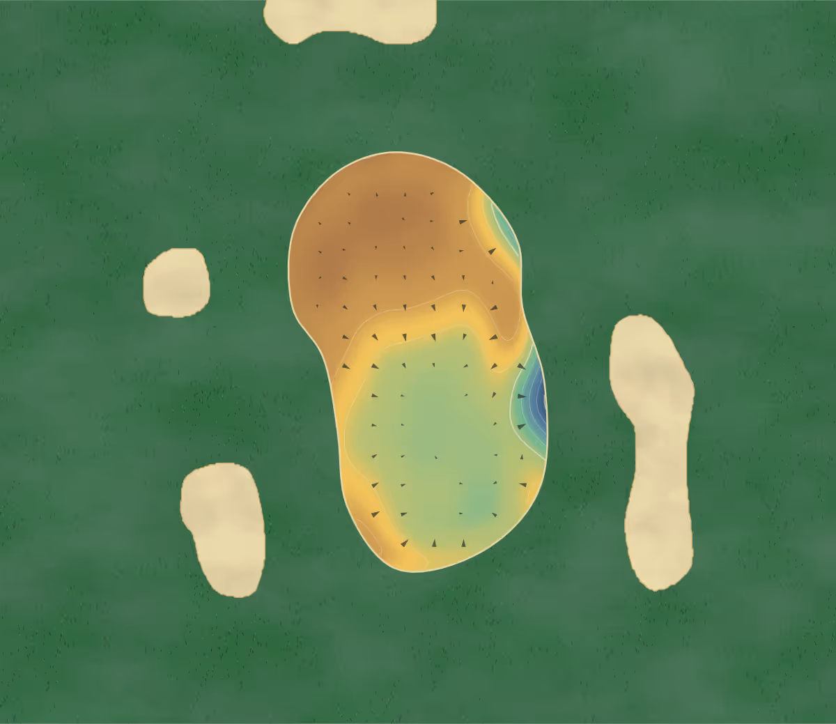 Green contour map of Golf de Sancerre in Saint-Satur, France — 56 elevation contours at a 8-centimeter interval with fall-line arrows, traced from 1-meter lidar