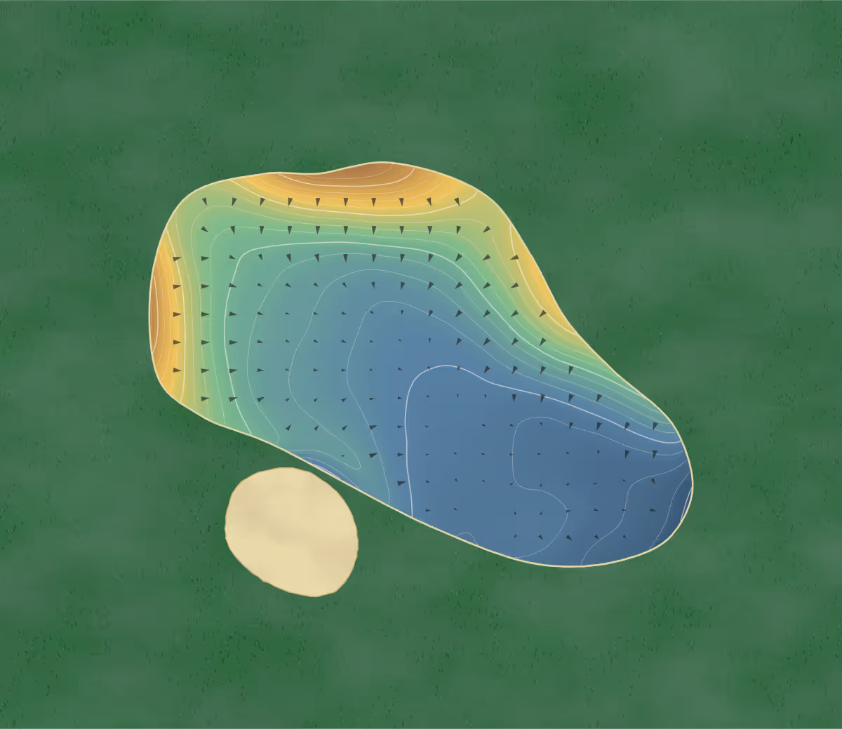 Green contour map of Golf de Saumur in Saumur, France — 97 elevation contours at a 8-centimeter interval with fall-line arrows, traced from 1-meter lidar