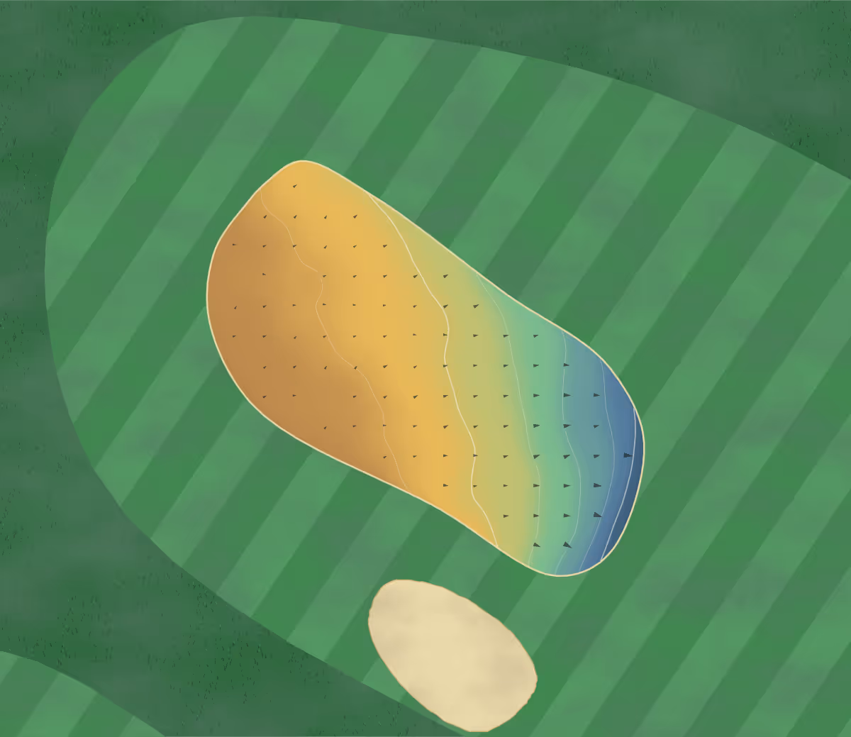 Green contour map of Golf de Seraincourt in Seraincourt, France — 72 elevation contours at a 8-centimeter interval with fall-line arrows, traced from 1-meter lidar