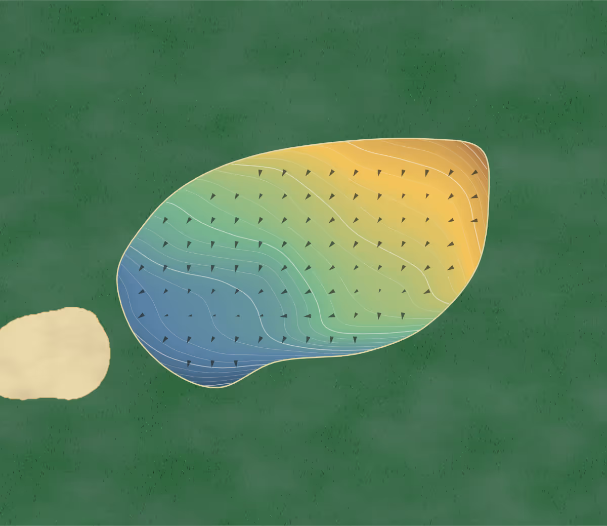 Green contour map of Golf de Servanes in Mouriès, France — 175 elevation contours at a 8-centimeter interval with fall-line arrows, traced from 1-meter lidar