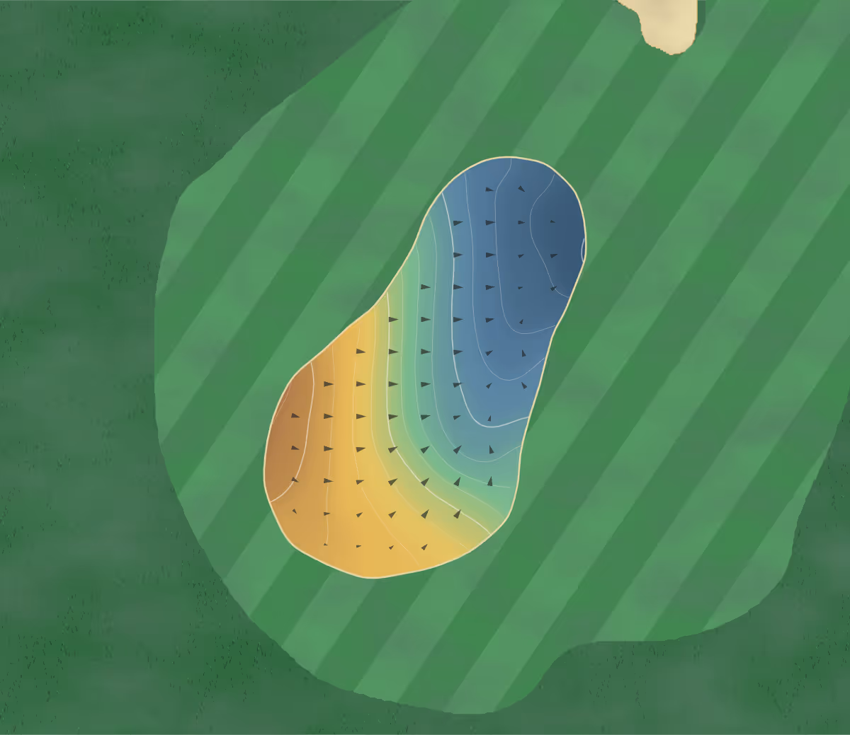 Green contour map of Golf de Téoula in Plaisance-du-Touch, France — 142 elevation contours at a 8-centimeter interval with fall-line arrows, traced from 1-meter lidar