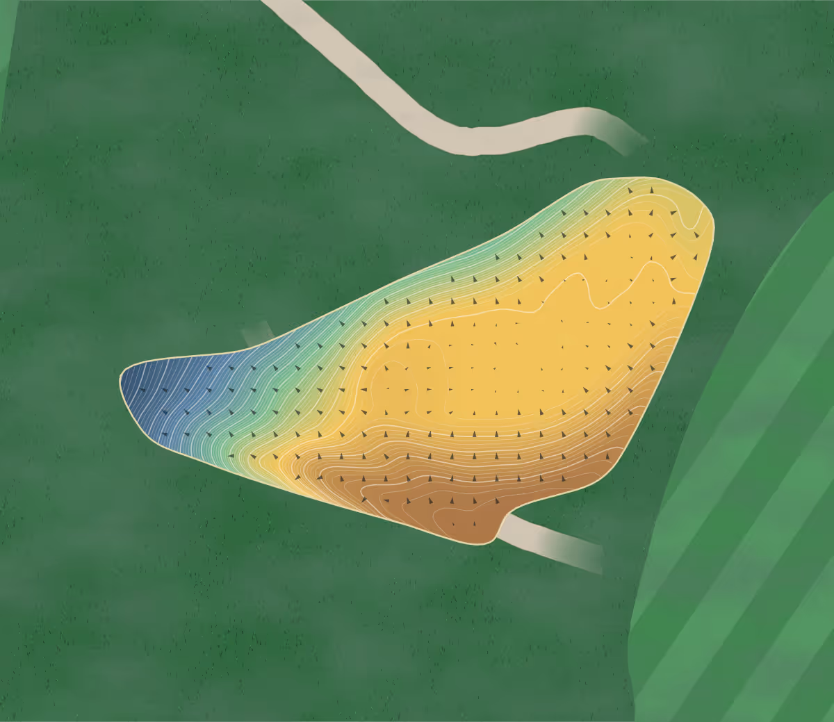 Green contour map of Golf de Tignes in Tignes, France — 182 elevation contours at a 8-centimeter interval with fall-line arrows, traced from 1-meter lidar