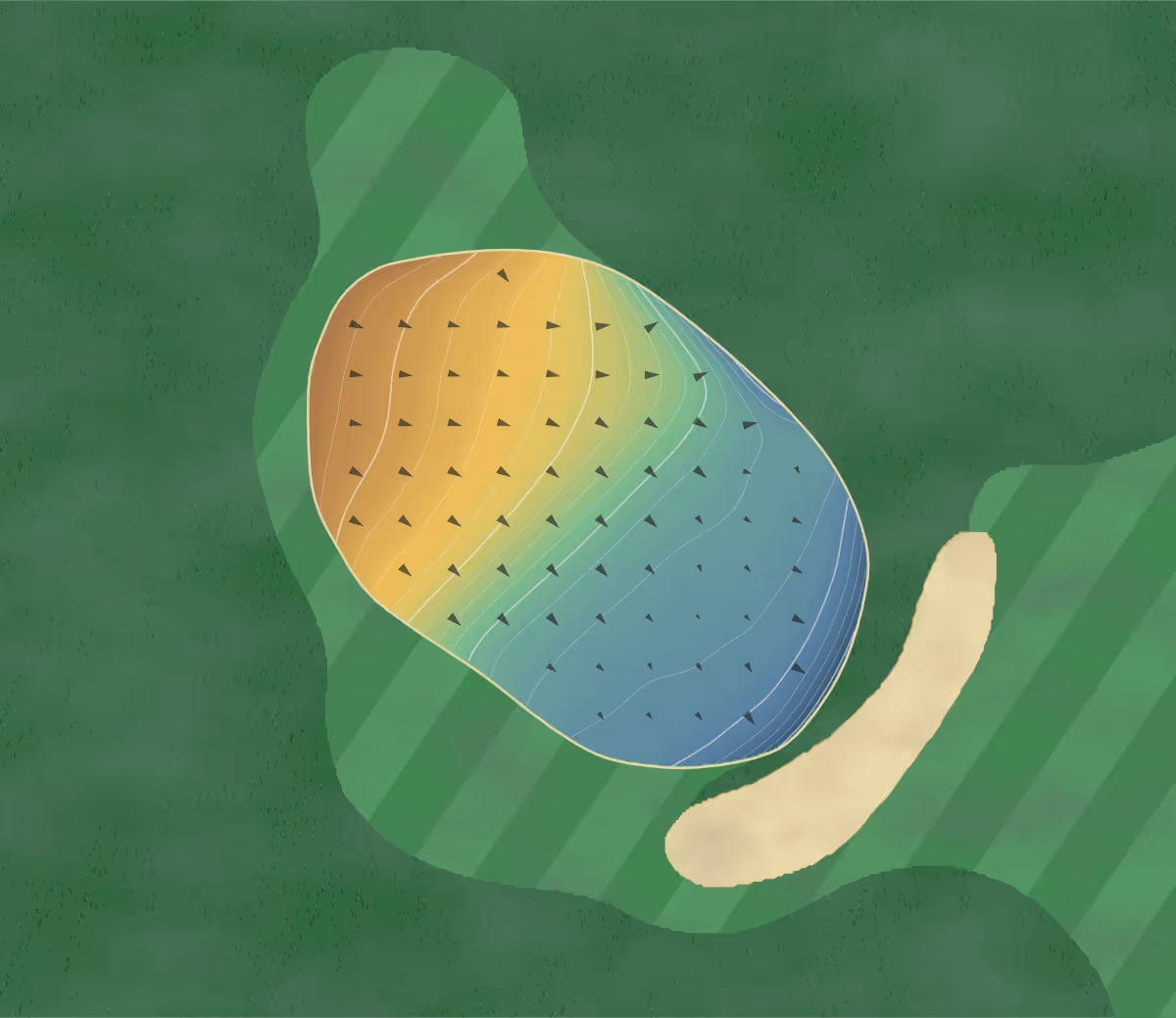 Green contour map of Golf de Touraine in Ballan-Miré, France — 179 elevation contours at a 8-centimeter interval with fall-line arrows, traced from 1-meter lidar