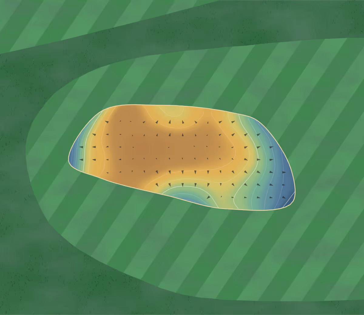 Green contour map of Golf de Val Grand in Bondoufle, France — 18 elevation contours at a 8-centimeter interval with fall-line arrows, traced from 1-meter lidar