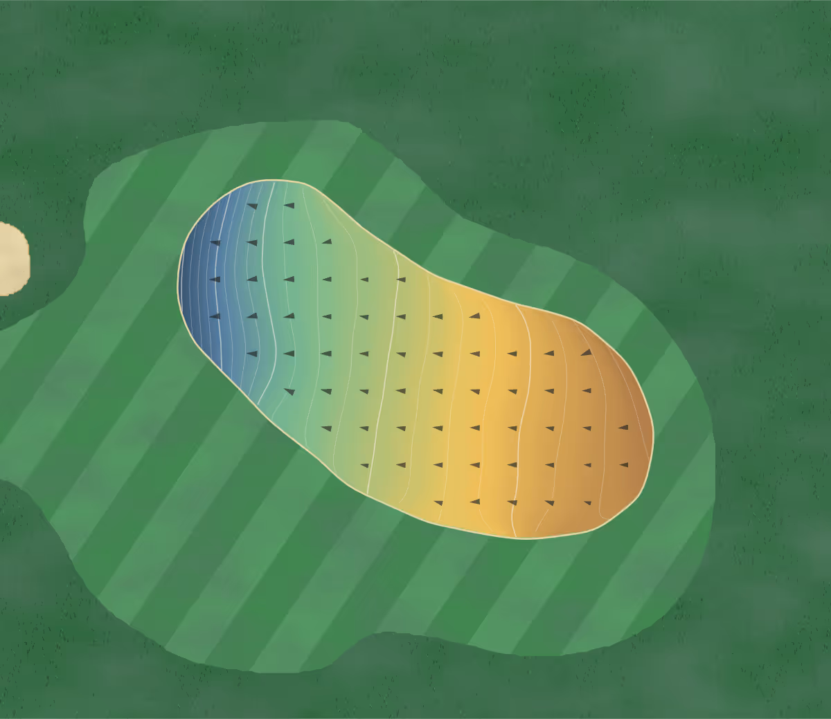 Green contour map of Golf de Valcros in La Crau, France — 67 elevation contours at a 8-centimeter interval with fall-line arrows, traced from 1-meter lidar
