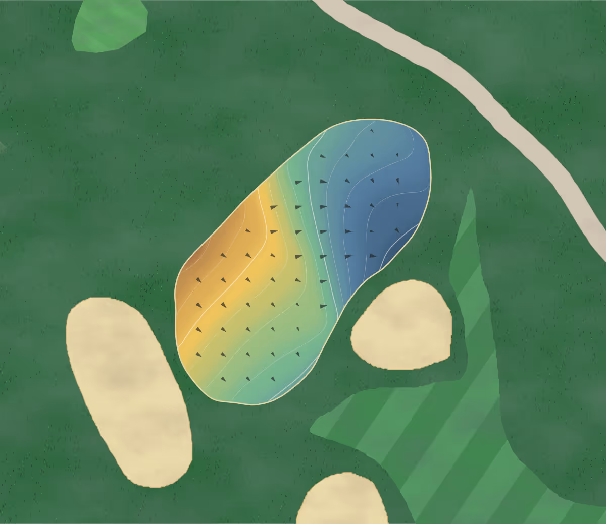 Green contour map of Golf de Valescure in Saint-Raphaël, France — 133 elevation contours at a 8-centimeter interval with fall-line arrows, traced from 1-meter lidar
