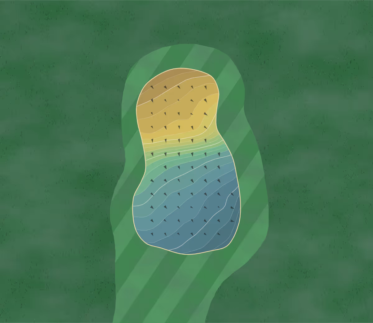 Green contour map of Golf de Villars in Villars-sur-Ollon, Switzerland — 200 elevation contours at a 8-centimeter interval with fall-line arrows, traced from 1-meter lidar