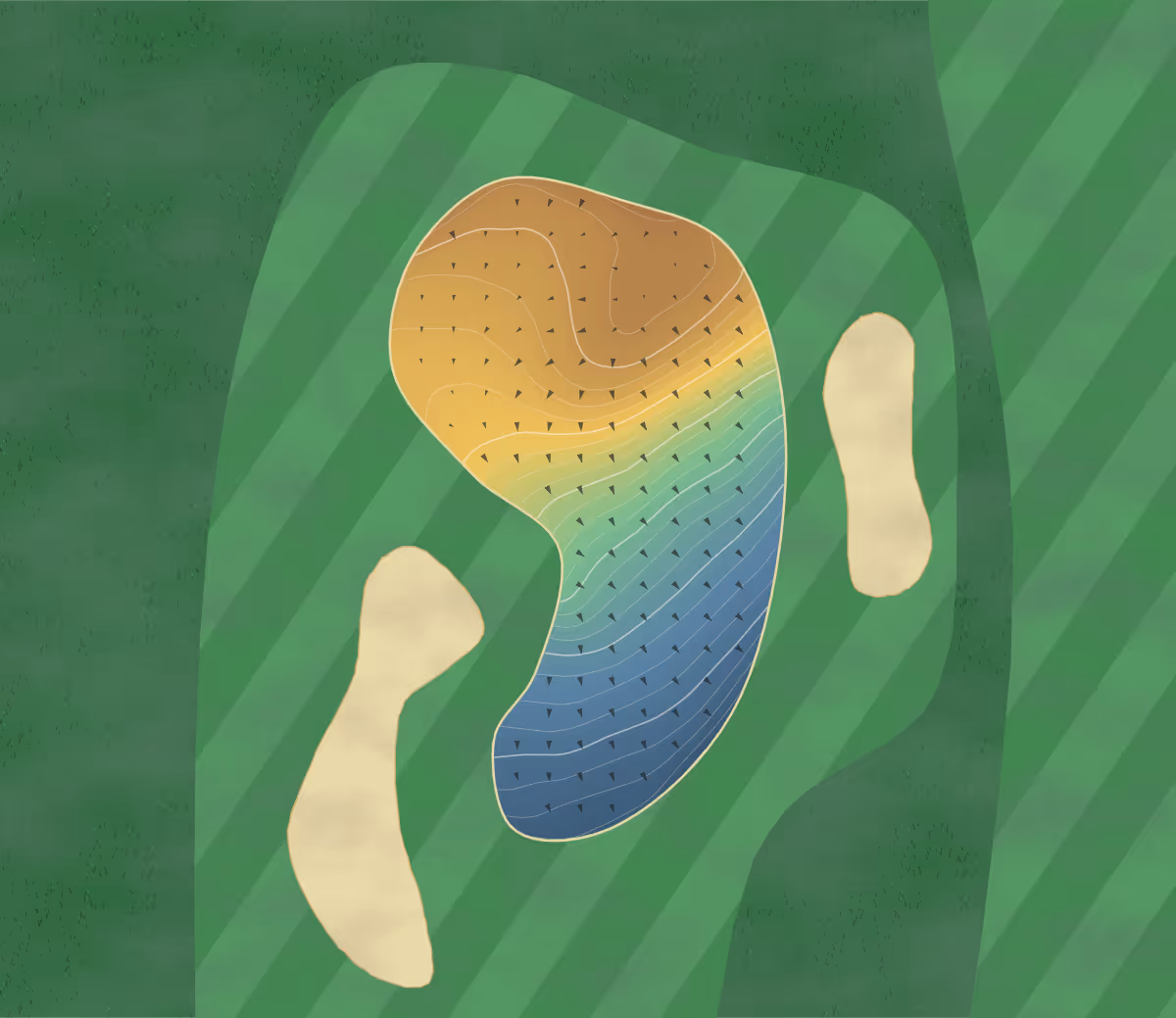 Green contour map of Golf de Villennes in Villennes-sur-Seine, France — 184 elevation contours at a 8-centimeter interval with fall-line arrows, traced from 1-meter lidar