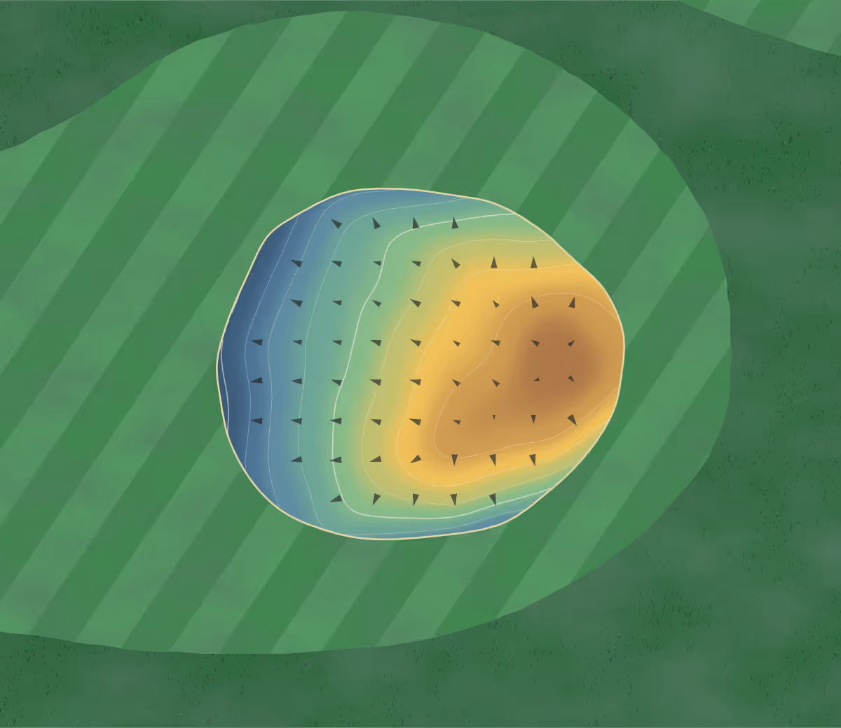 Green contour map of Golf des Aiguillons in Montauban, France — 62 elevation contours at a 8-centimeter interval with fall-line arrows, traced from 1-meter lidar