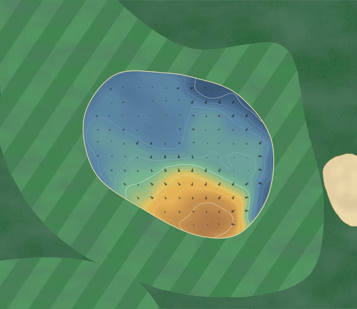 Green contour map of Golf des Bouleaux in Wittelsheim, France — 107 elevation contours at a 8-centimeter interval with fall-line arrows, traced from 1-meter lidar