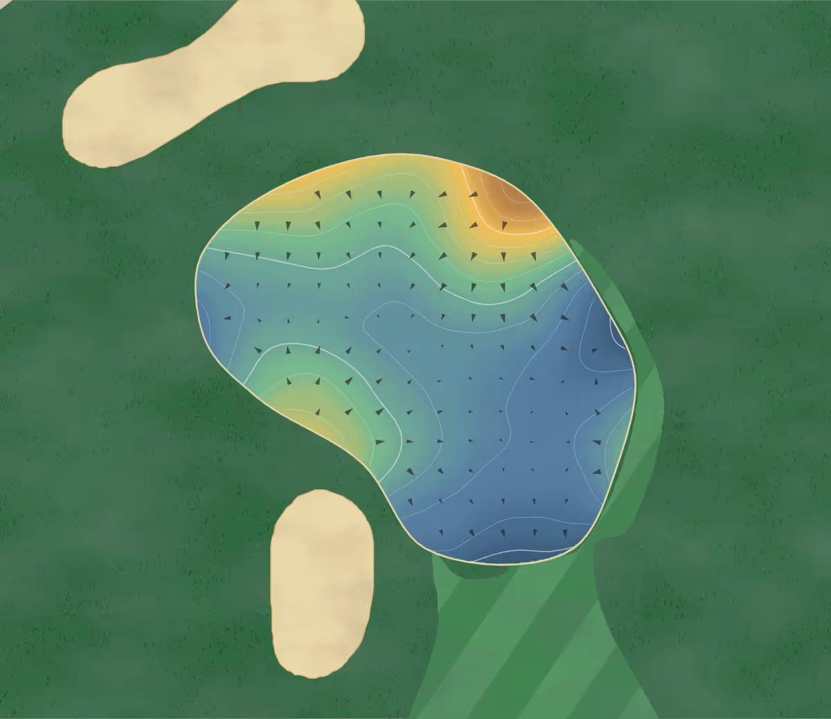 Green contour map of Golf des Lacs in Bromont, Canada: 124 elevation contours at a 8-centimeter interval with fall-line arrows, traced from 1-meter lidar