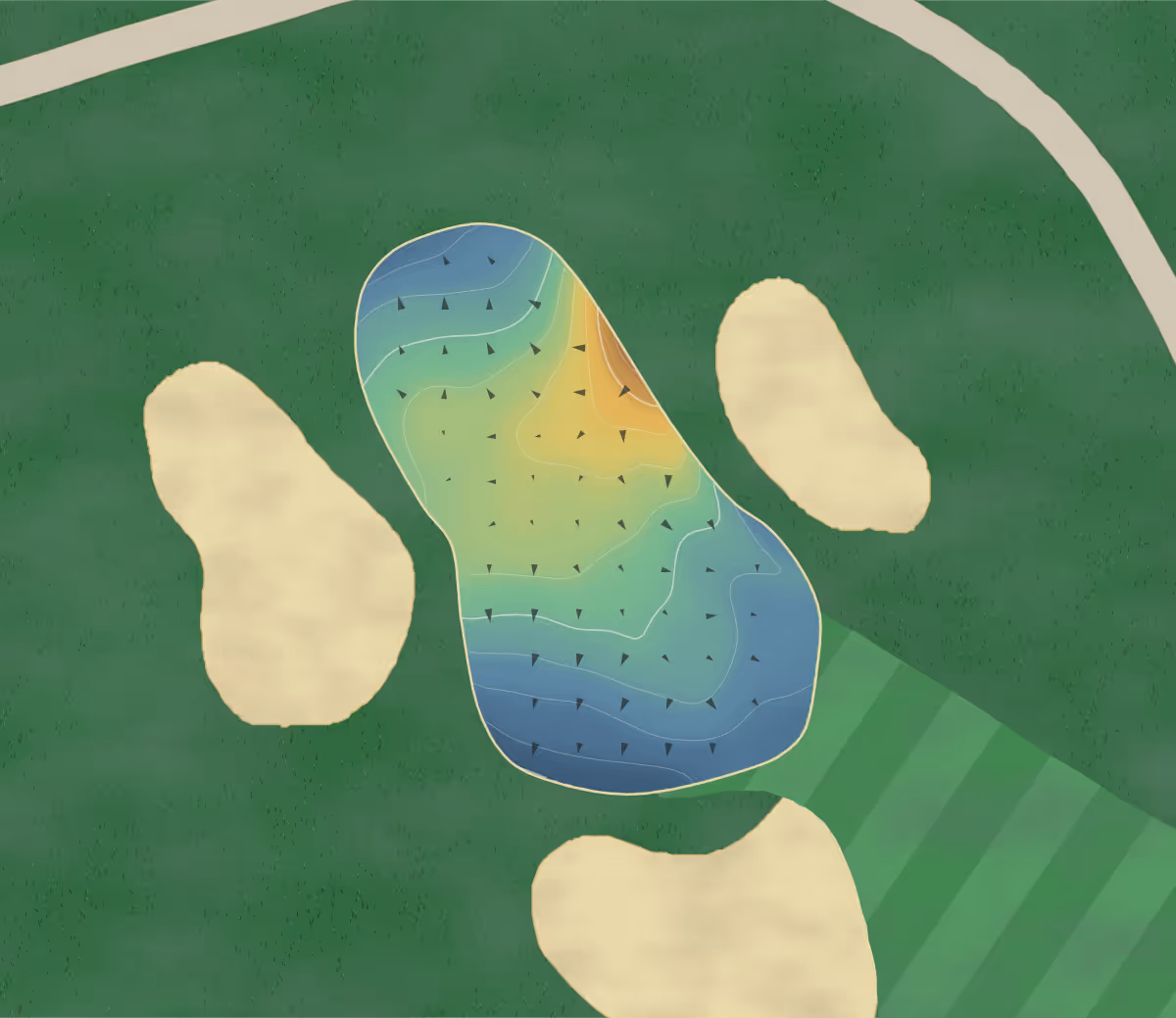 Green contour map of Golf des Îles in Boucherville, Canada: 162 elevation contours at a 8-centimeter interval with fall-line arrows, traced from 1-meter lidar