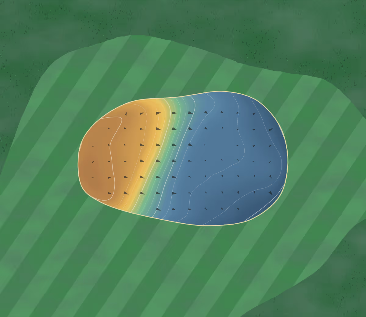 Green contour map of Golf des Ocres in Villars, France — 55 elevation contours at a 8-centimeter interval with fall-line arrows, traced from 1-meter lidar