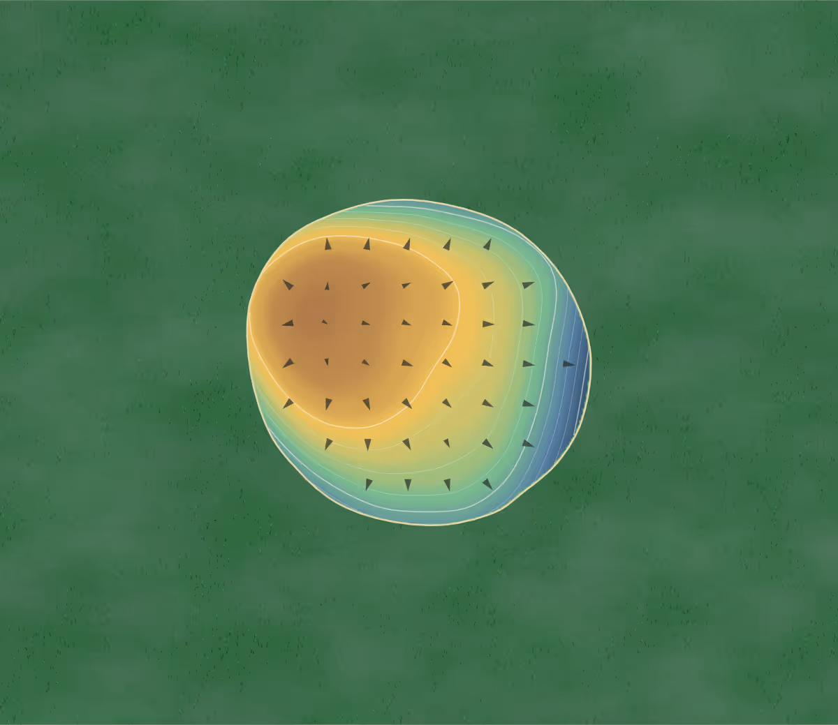 Green contour map of Golf des Sarrays in Sainte-Fauste, France — 49 elevation contours at a 8-centimeter interval with fall-line arrows, traced from 1-meter lidar