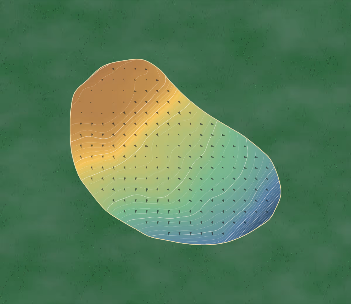 Green contour map of Des Saules in Rimouski, Canada — 265 elevation contours at a 8-centimeter interval with fall-line arrows, traced from 1-meter lidar