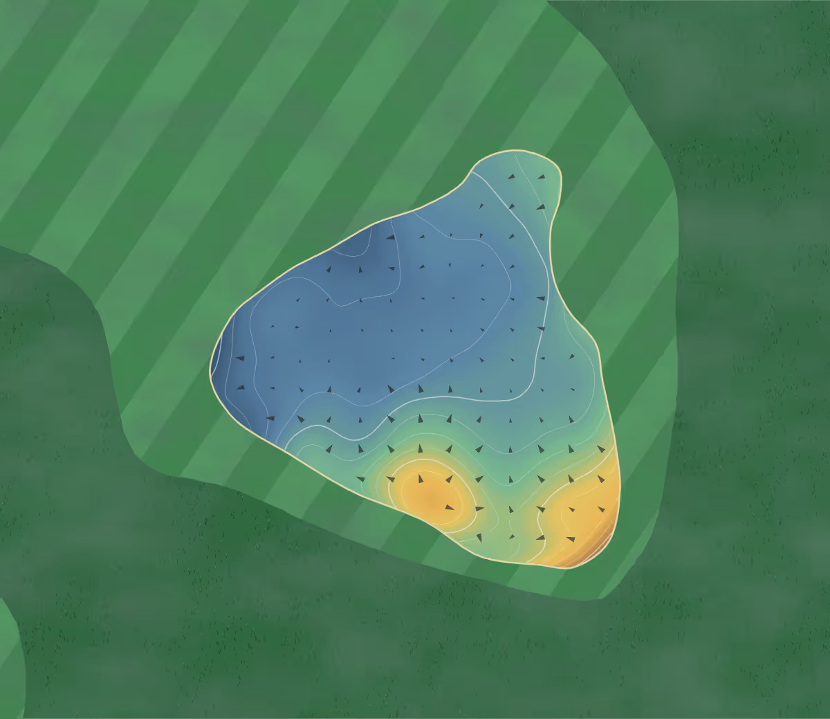 Green contour map of Chambon-sur-Lignon in Le Chambon-sur-Lignon, France — 161 elevation contours at a 8-centimeter interval with fall-line arrows, traced from 1-meter lidar
