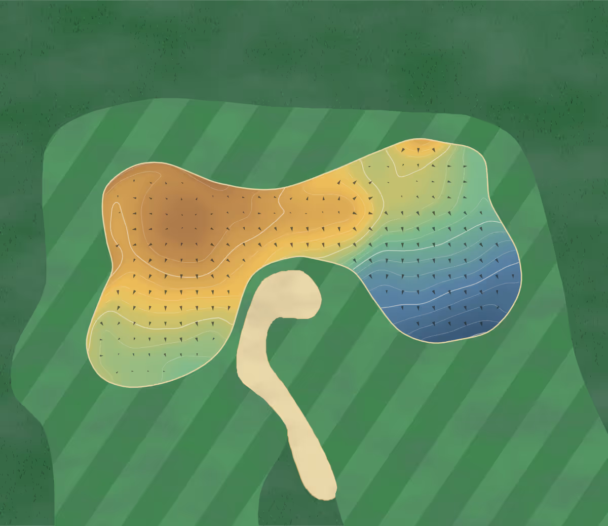 Green contour map of Golf du Clou in Villars-les-Dombes, France — 147 elevation contours at a 8-centimeter interval with fall-line arrows, traced from 1-meter lidar