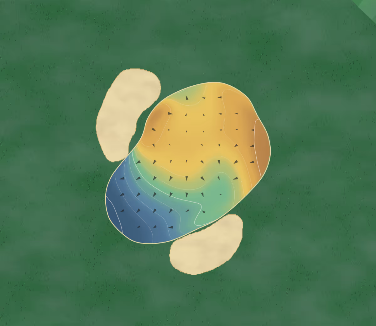 Green contour map of Golf du Croisic in Le Croisic, France — 65 elevation contours at a 8-centimeter interval with fall-line arrows, traced from 1-meter lidar