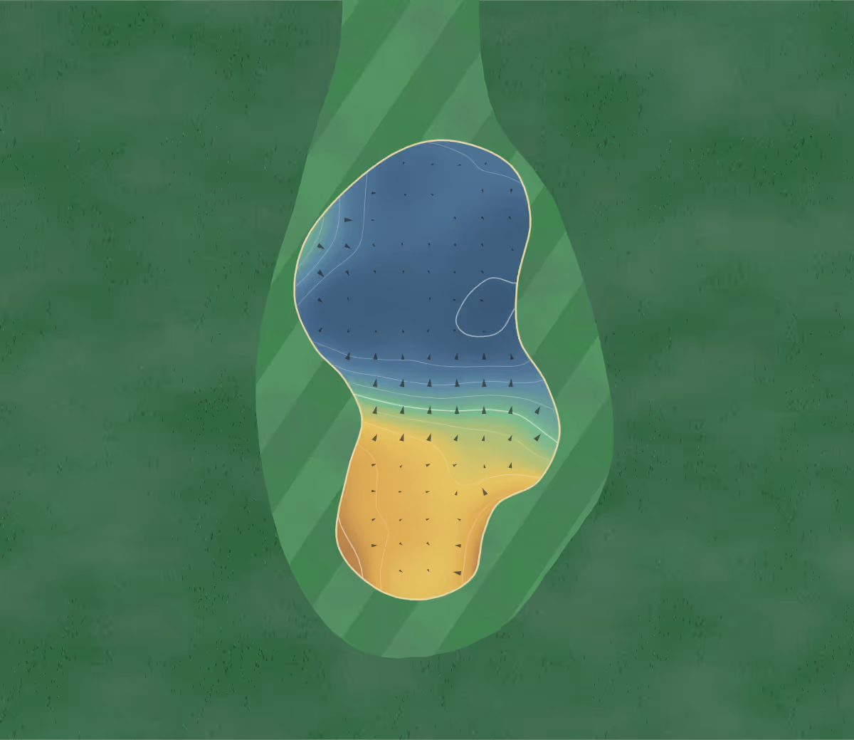 Green contour map of Golf du Gouverneur in Monthieux, France — 110 elevation contours at a 8-centimeter interval with fall-line arrows, traced from 1-meter lidar