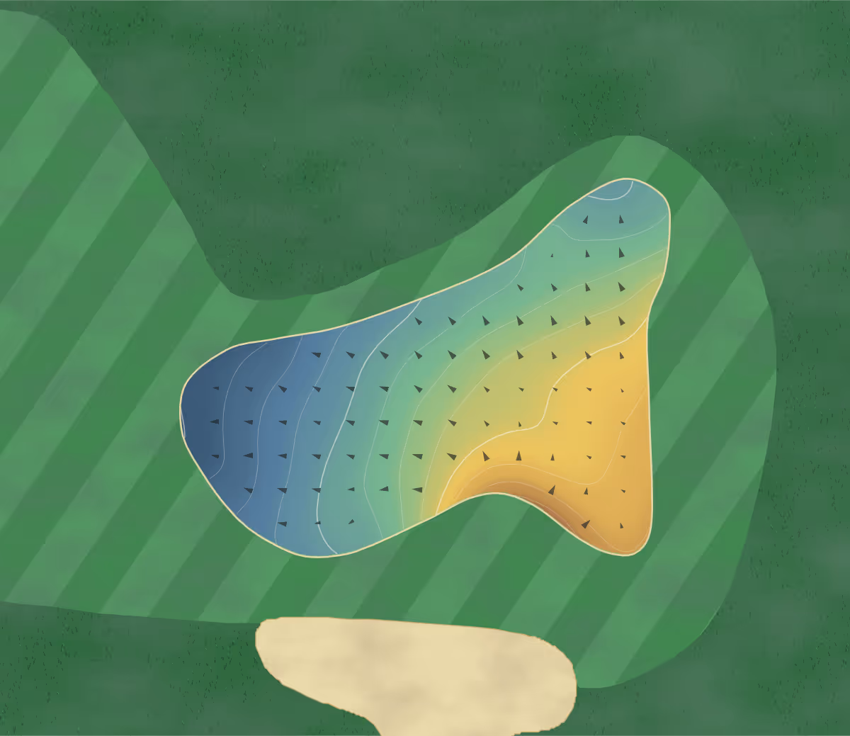Green contour map of Golf du Haras Lupin in Vaucresson, France — 57 elevation contours at a 8-centimeter interval with fall-line arrows, traced from 1-meter lidar