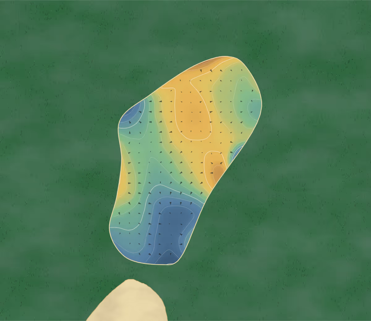Green contour map of Golf du Kempferhof in Plobsheim, France — 100 elevation contours at a 8-centimeter interval with fall-line arrows, traced from 1-meter lidar