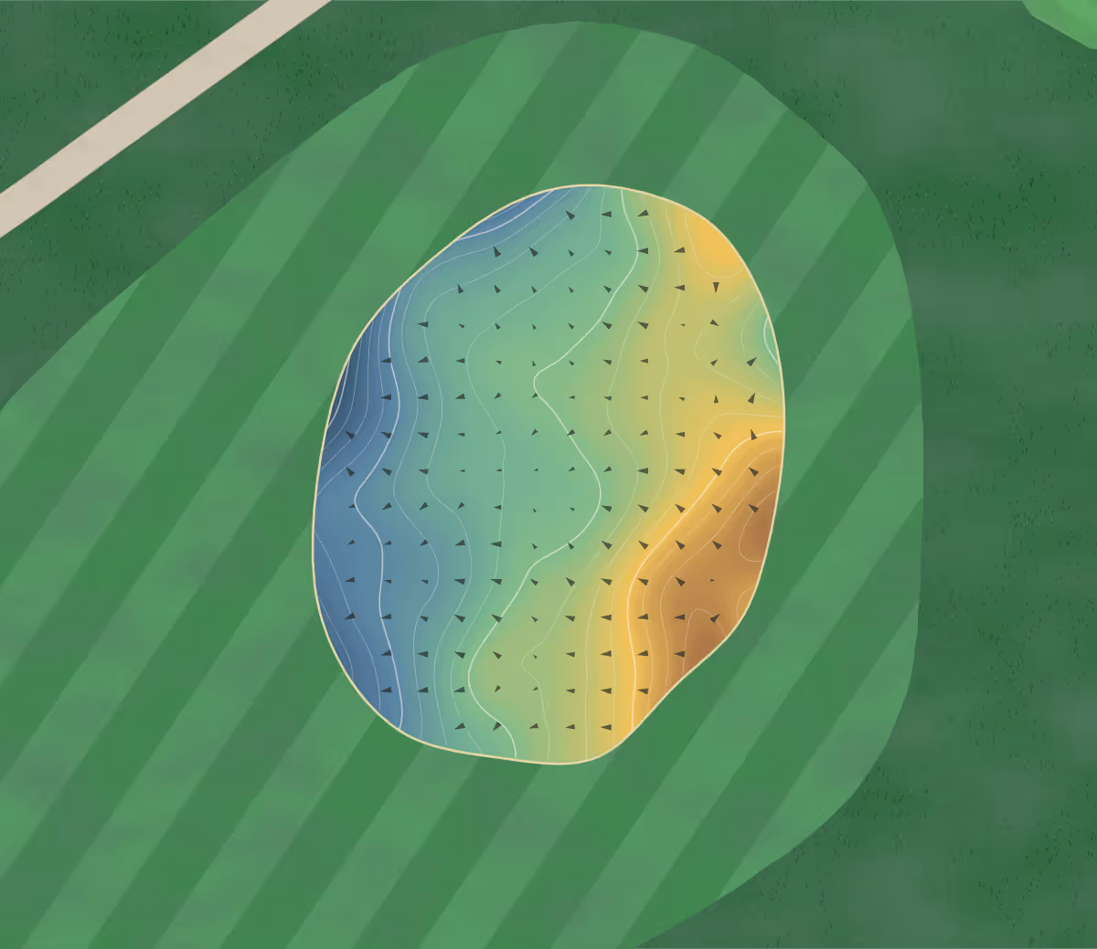 Green contour map of Golf du Médoc in Le Pian-Médoc, France — 189 elevation contours at a 8-centimeter interval with fall-line arrows, traced from 1-meter lidar