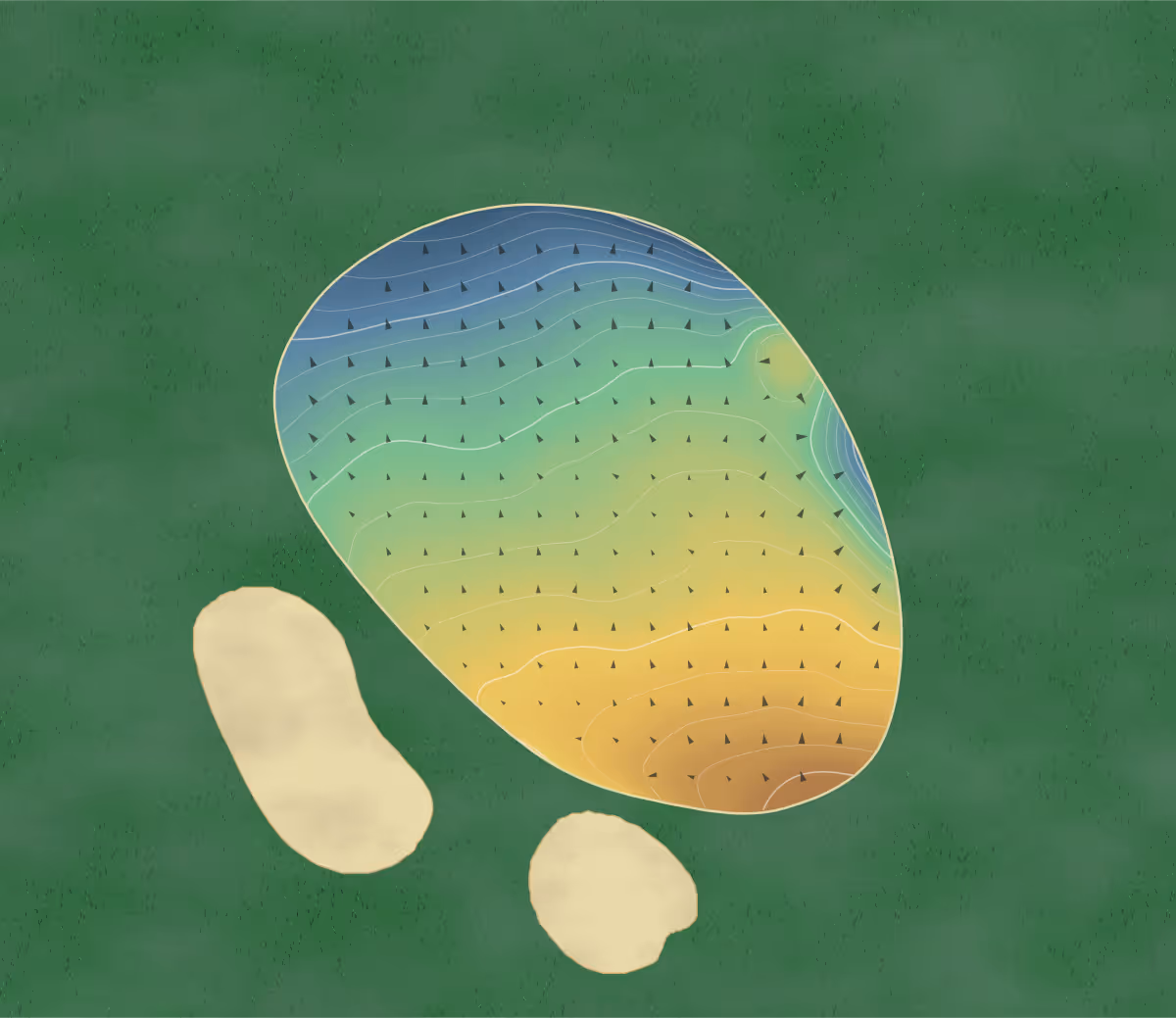 Green contour map of Golf du Prieuré in Sailly, France — 52 elevation contours at a 8-centimeter interval with fall-line arrows, traced from 1-meter lidar