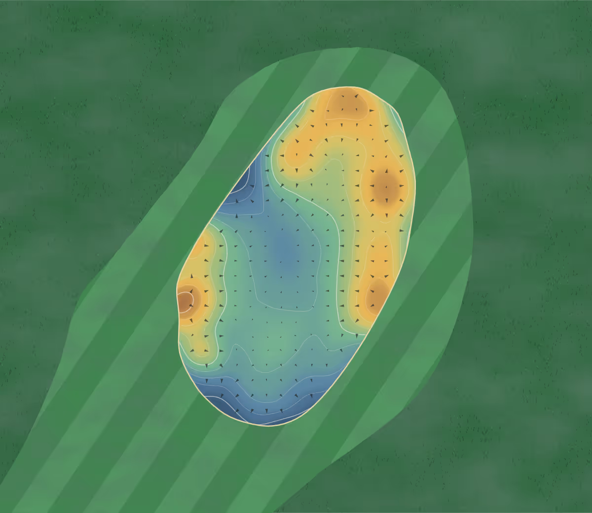 Green contour map of Golf du Touquet in Le Touquet-Paris-Plage, France — 220 elevation contours at a 8-centimeter interval with fall-line arrows, traced from 1-meter lidar