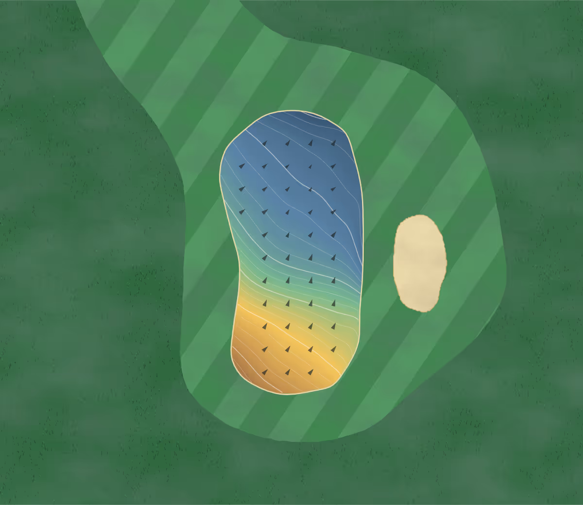 Green contour map of Golf Epherra - Trous 1 in Souraïde, France — 84 elevation contours at a 8-centimeter interval with fall-line arrows, traced from 1-meter lidar