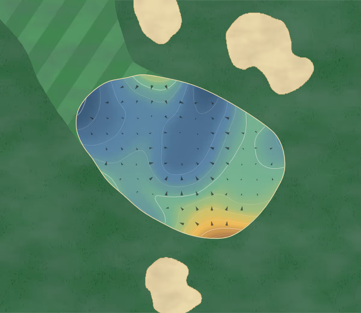 Green contour map of Exécutif Montréal in Terrebonne, Canada: 77 elevation contours at a 8-centimeter interval with fall-line arrows, traced from 1-meter lidar