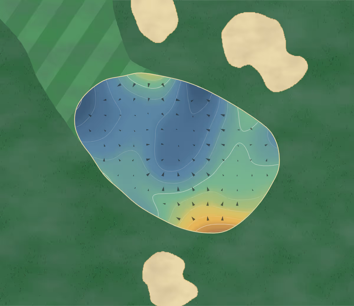 Green contour map of Golf Exécutif Montréal in Terrebonne, Canada — 75 elevation contours at a 8-centimeter interval with fall-line arrows, traced from 1-meter lidar