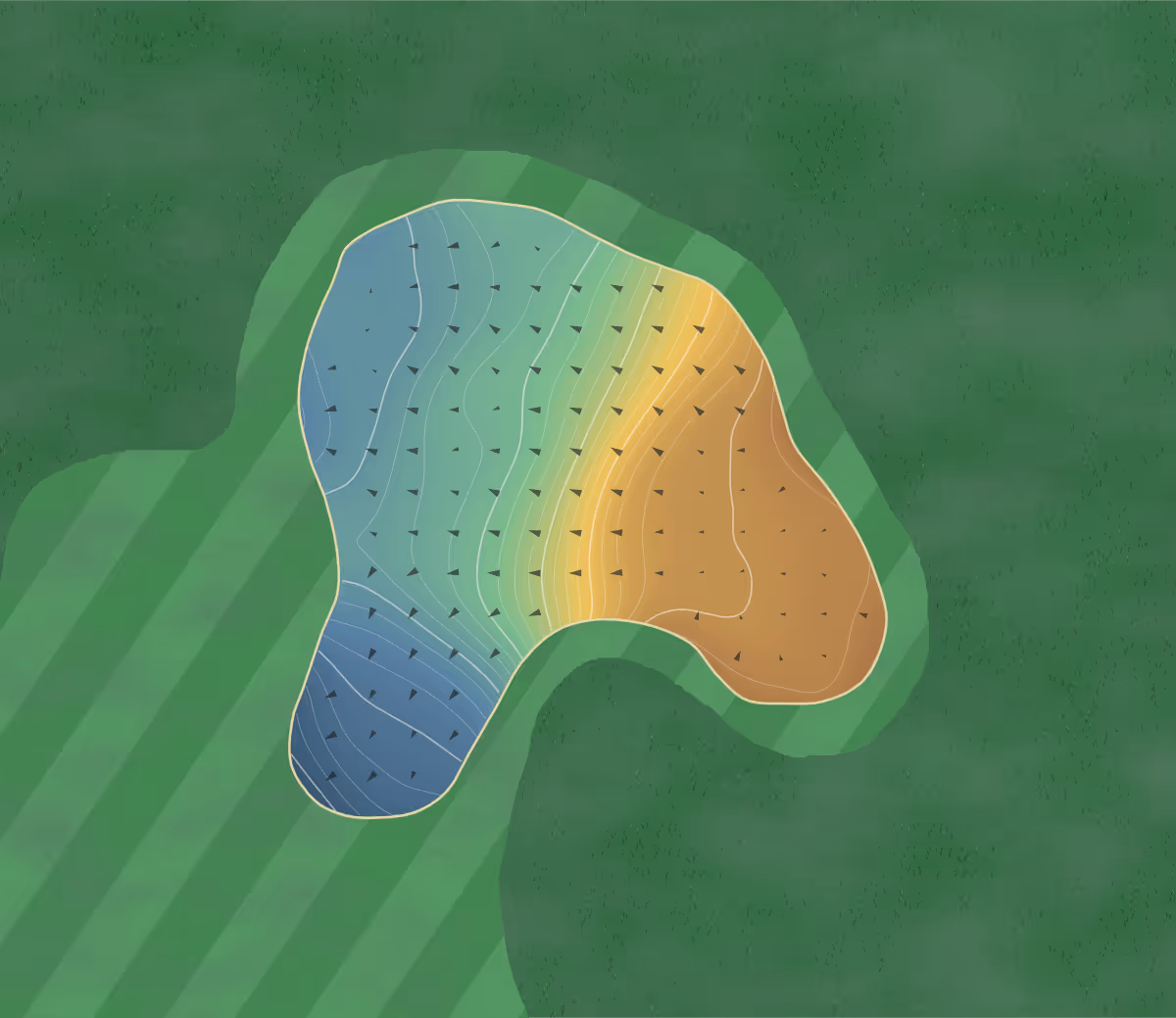 Green contour map of Golf Frégate Provence in Saint-Cyr-sur-Mer, France — 328 elevation contours at a 8-centimeter interval with fall-line arrows, traced from 1-meter lidar