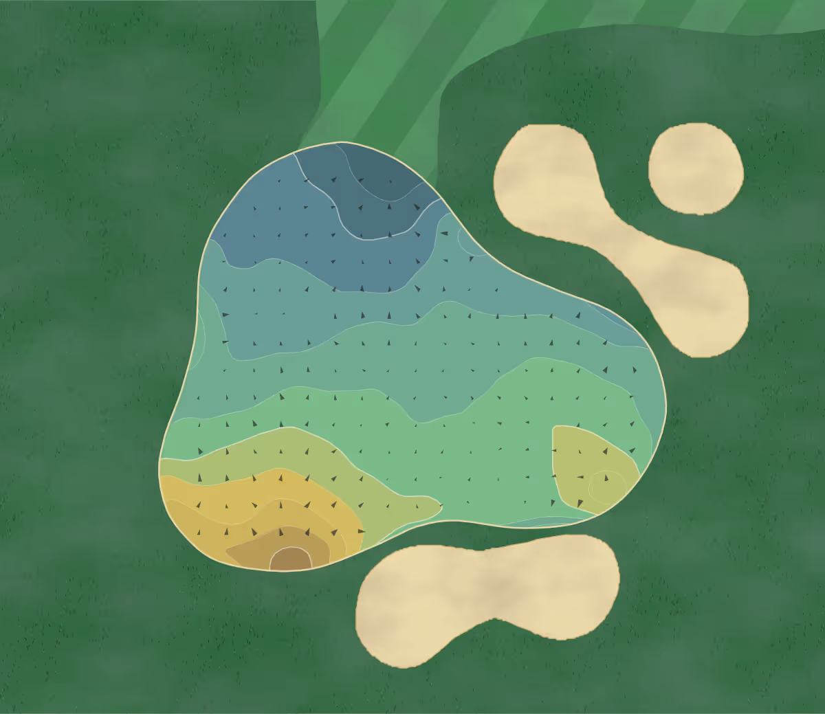 Green contour map of Golf Gams-Werdenberg in Haagerstrasse 523, Switzerland — 164 elevation contours at a 8-centimeter interval with fall-line arrows, traced from 1-meter lidar