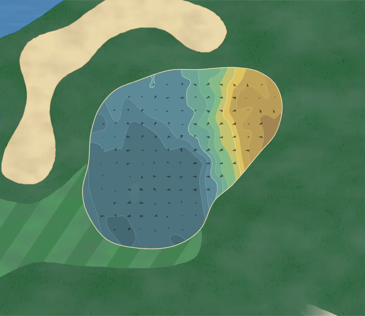 Green contour map of Golf Gerre Losone in Losone, Switzerland — 164 elevation contours at a 8-centimeter interval with fall-line arrows, traced from 1-meter lidar