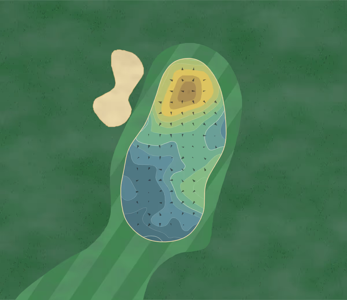 Green contour map of Golf Goms in Obergesteln, Switzerland — 101 elevation contours at a 8-centimeter interval with fall-line arrows, traced from 1-meter lidar