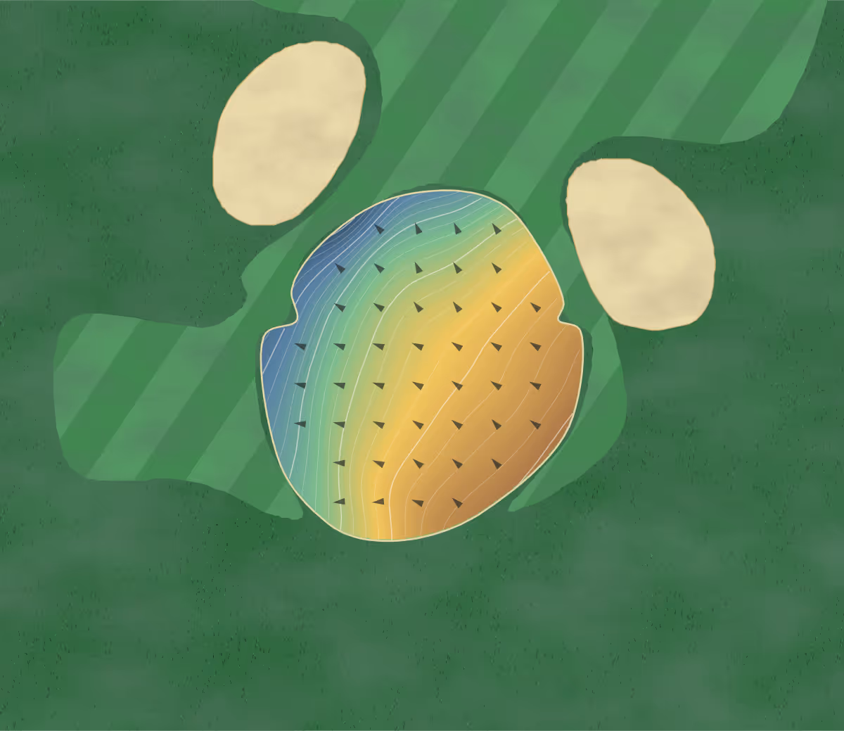 Green contour map of Golf Hermitage in Saint-Alphonse-Rodriguez, Canada: 128 elevation contours at a 8-centimeter interval with fall-line arrows, traced from 1-meter lidar