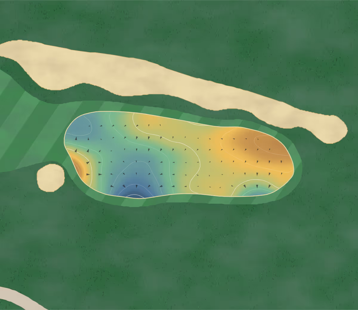 Green contour map of Barrière La Baule in Saint-André-des-Eaux, France — 109 elevation contours at a 8-centimeter interval with fall-line arrows, traced from 1-meter lidar