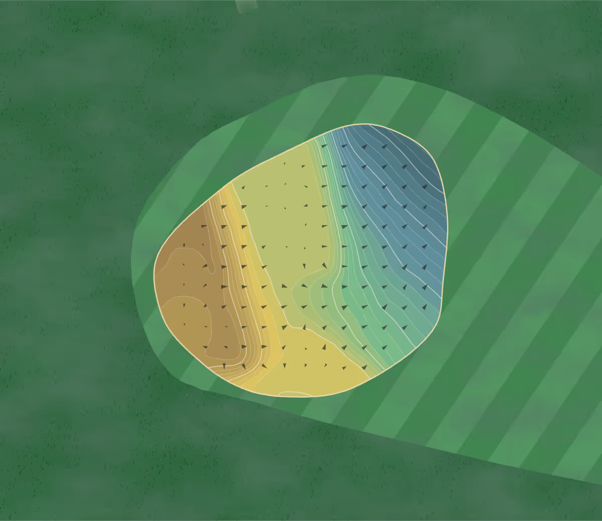 Green contour map of Golf It in Port Glasgow, Scotland — 178 elevation contours at a 8-centimeter interval with fall-line arrows, traced from 1-meter lidar